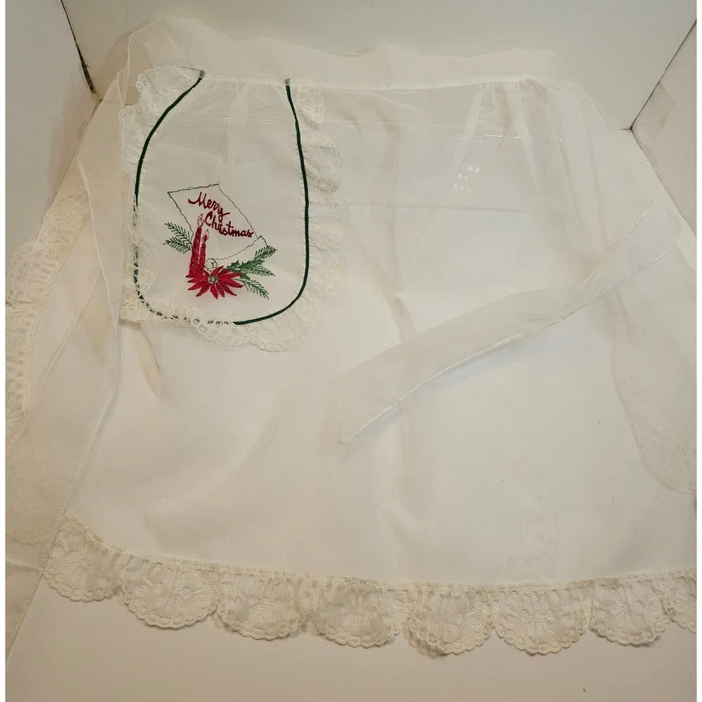 Vintage Christmas Apron White‎ Sheer Lace Embroidered Poinsettia Holiday cooking
